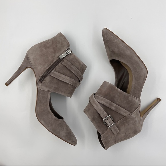 BCBGeneration Suede Zip Ankle Bootie Heels Cut Out Buckle Strap Taupe Warm Grey - Picture 2 of 16